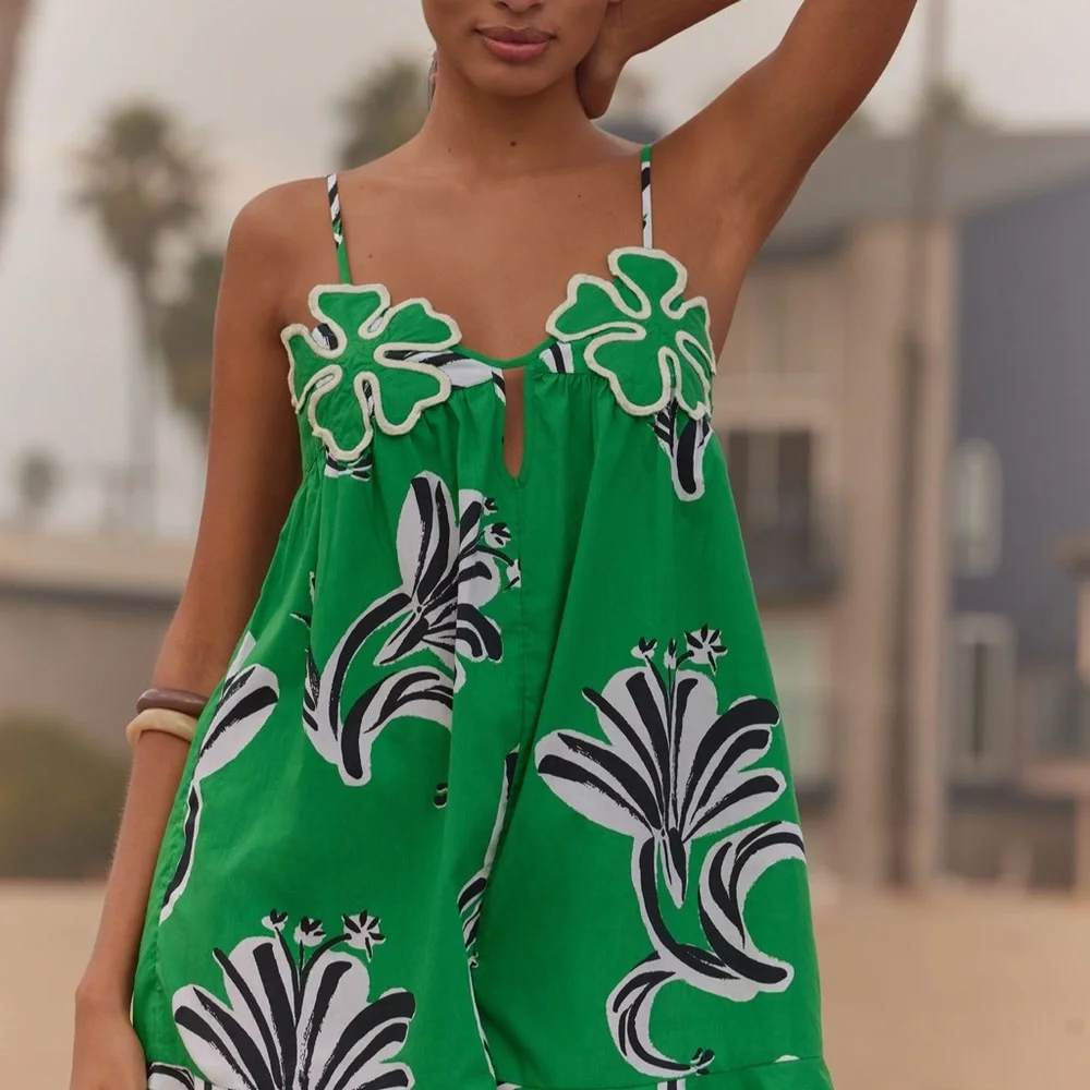 Green Floral Spaghetti-Strap Jumpsuit - Picture 1 of 7